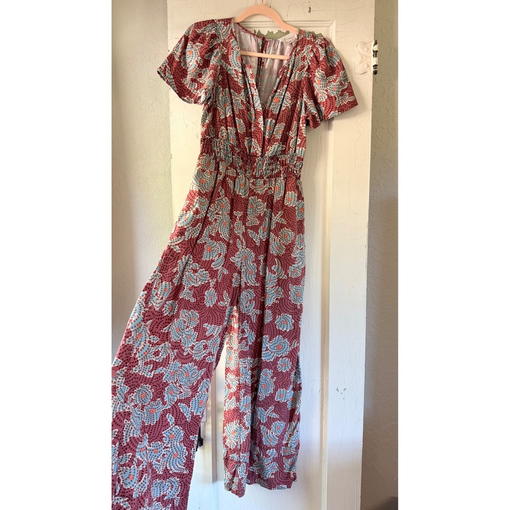 Anthropologie Floral Wide Leg Jumpsuit XS Pink Blue Smocked Waist Flutter Sleeve